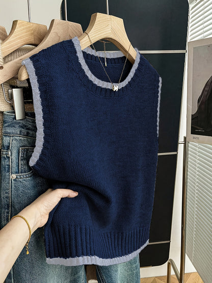 Comfortable Contrast Trim Sweater Vest for Women with Crew Neck Sleeveless Ribbed Knit Style