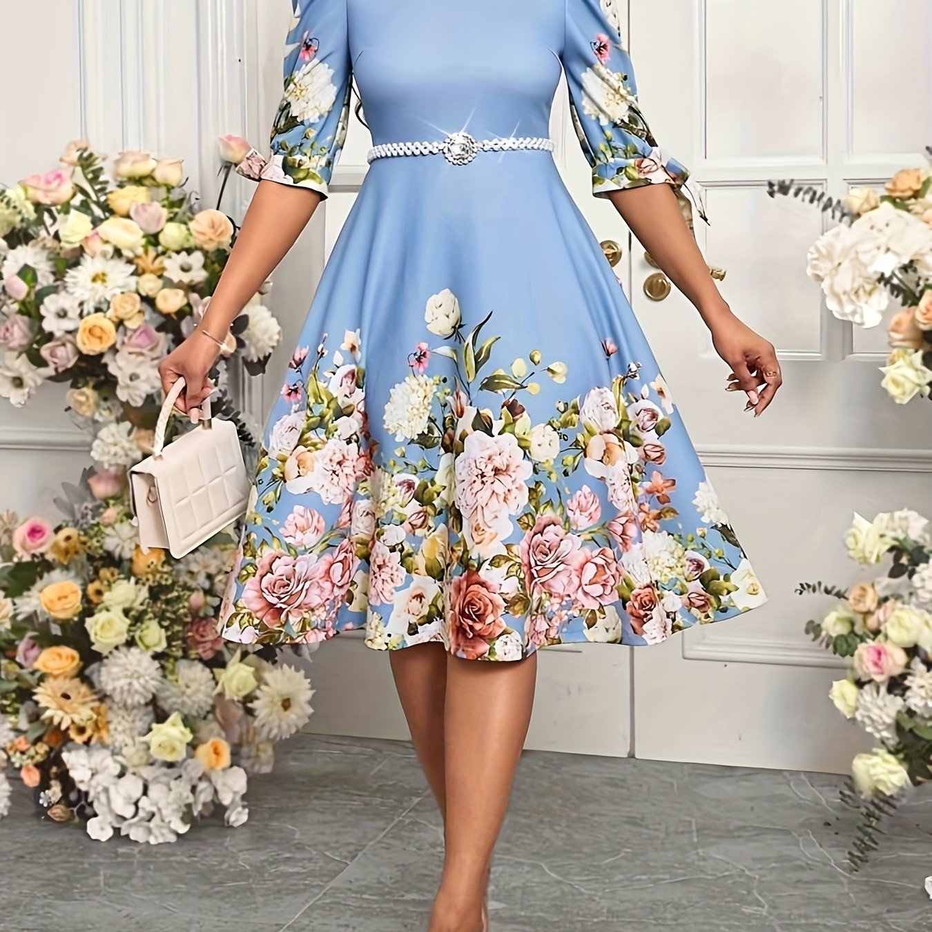 Elegant Border Print Midi Dress for Women with Round Neck Bubble Sleeve Bow Tie Flowing Style