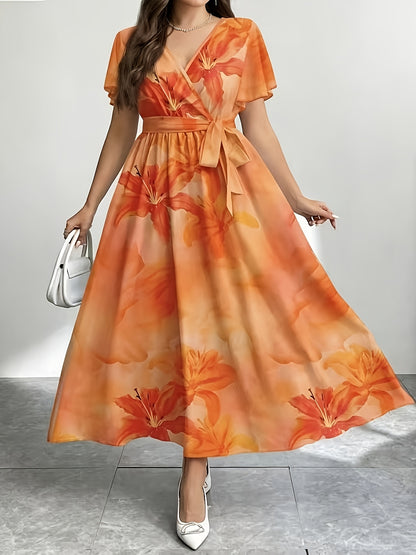 Effortless Multicolor Floral Maxi Dress for Women with V Neck Flutter Sleeve Wrap Belted Flowing Bohemian Style