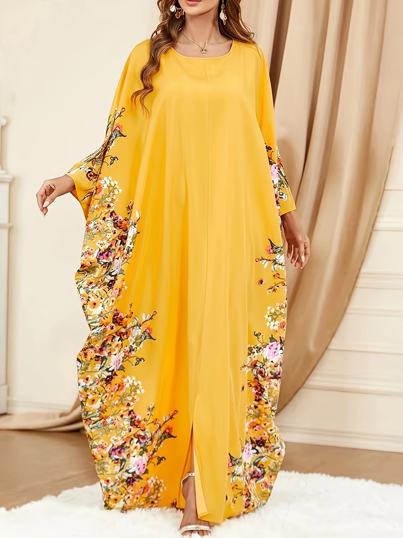 Elegant Floral Print Kaftan Maxi Dress for Women with Round Neck Batwing Sleeve Flowing Bohemian Style