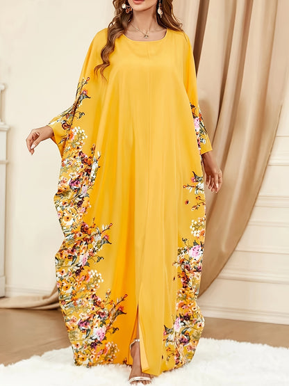 Elegant Floral Print Kaftan Maxi Dress for Women with Round Neck Batwing Sleeve Flowing Bohemian Style