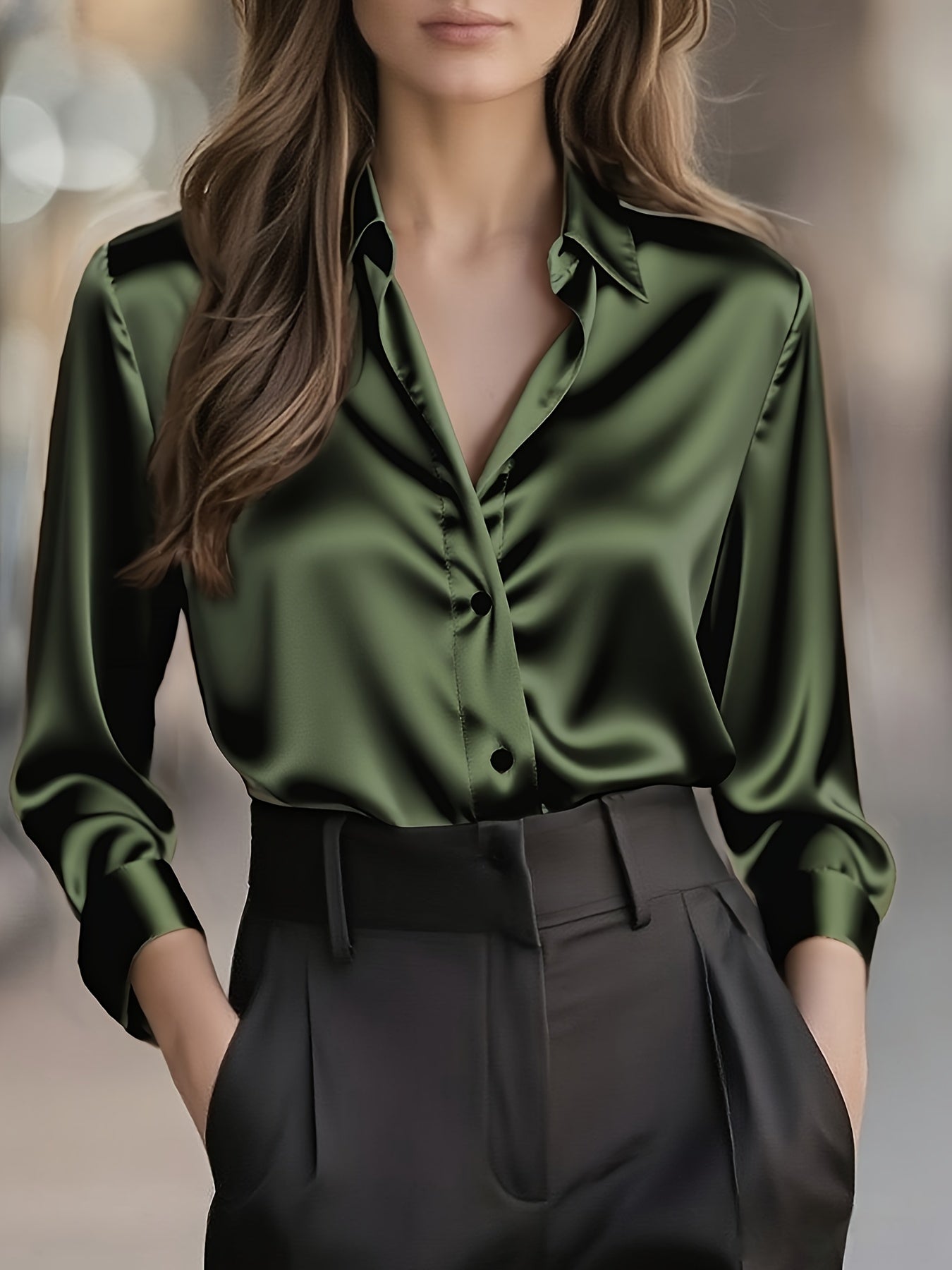 Elegant Satin Blouse for Women with Notched Collar Long Sleeve Button Front Silky Style
