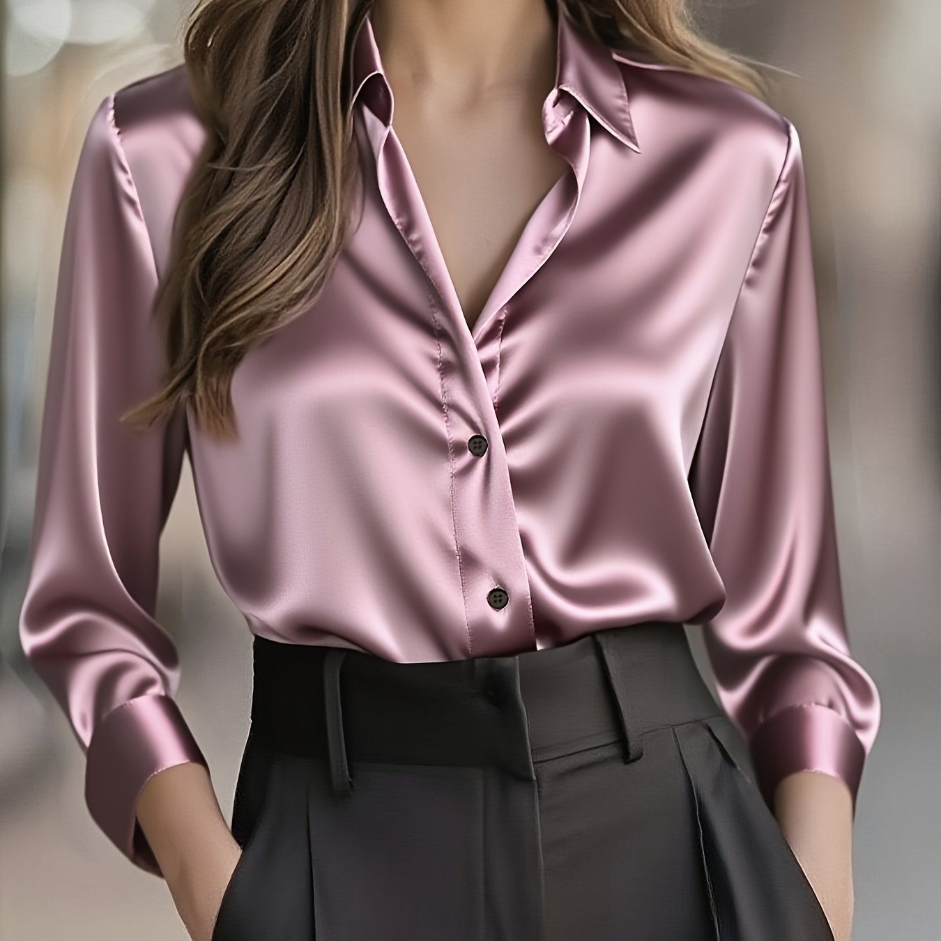 Elegant Satin Blouse for Women with Notched Collar Long Sleeve Button Front Silky Style