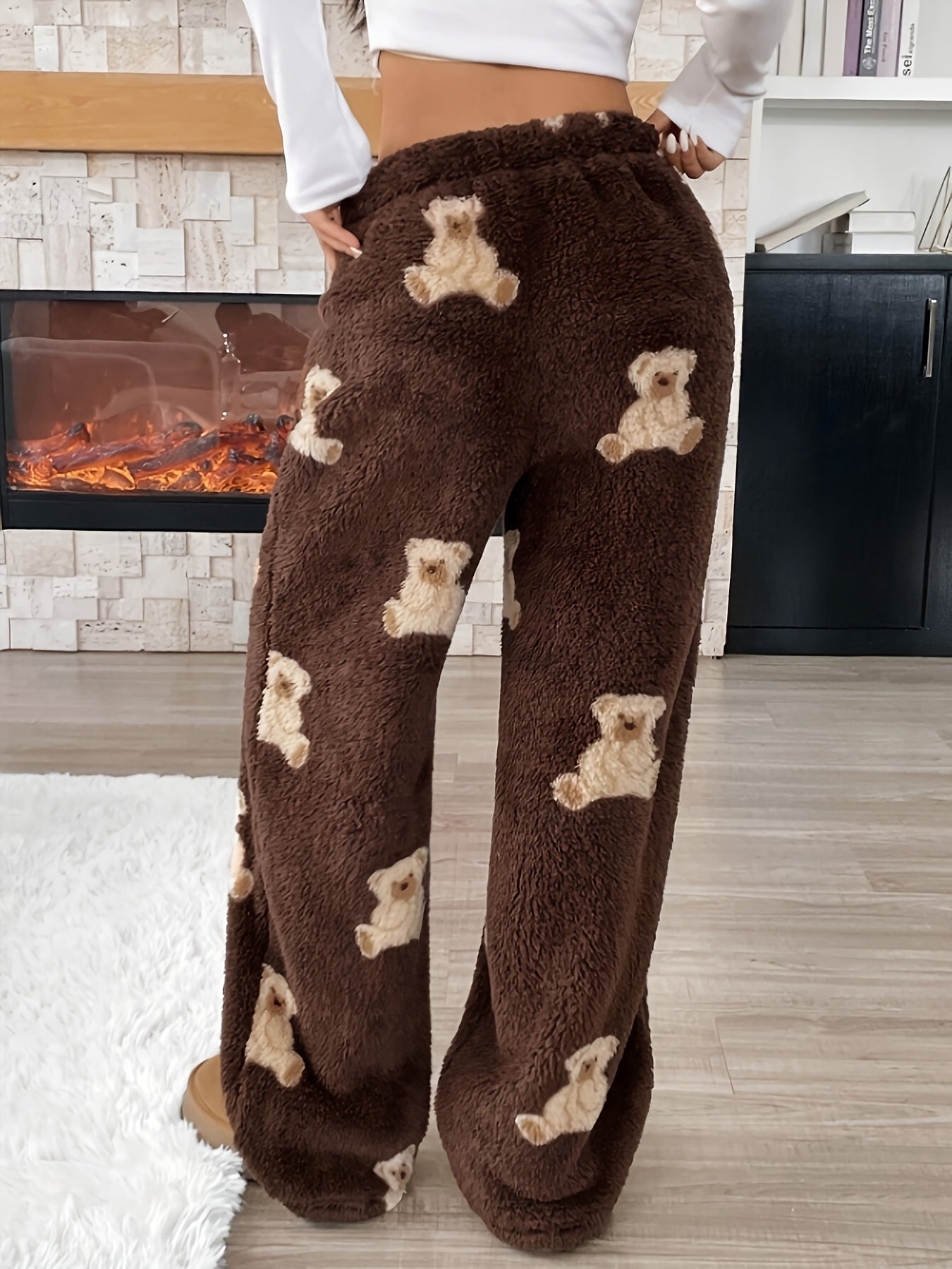 Comfortable Dark Brown Teddy Bear Print PJ Pants for Women with High Waist Drawstring Wide Leg Casual Style