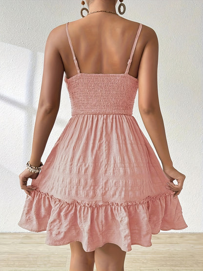 Effortless Textured Mini Dress for Women with Square Neck Spaghetti Strap Smocked Tiered Boho Style