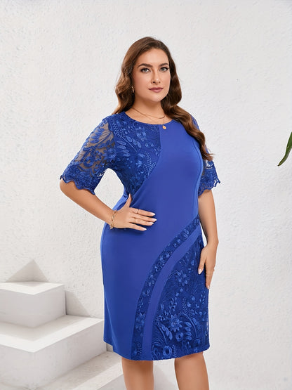 Elegant Lace Panel Sheath Dress for Women with Round Neck Scalloped Sleeve Bodycon Plus Size Style