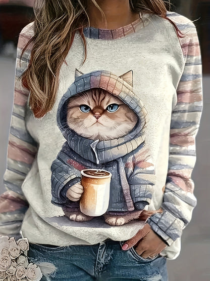 Comfortable Apricot Cat Print Sweatshirt for Women with Crew Neck Long Sleeve Striped Raglan Casual Style