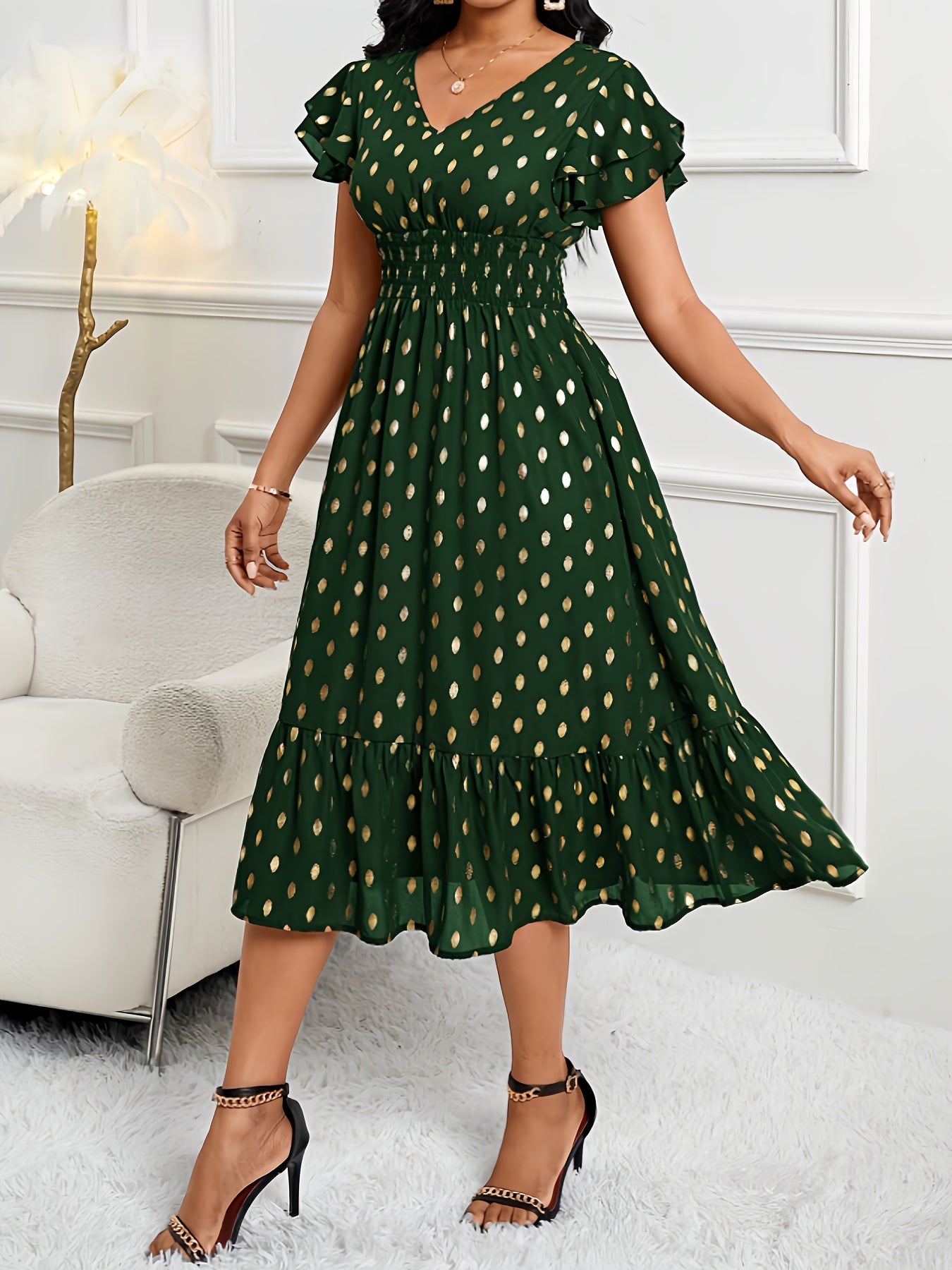 Elegant Polka Dot Midi Dress for Women with V Neck Flutter Sleeve Smocked Waist Ruffle Hem Style