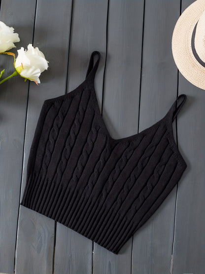 Effortless Cable Knit Crop Top for Women with V Neck Sleeveless Ribbed Fitted Tank Style