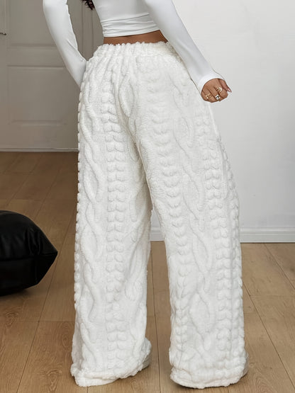Effortless White Cable Knit Fleece Wide Leg Pants for Women with High Waist Drawstring Relaxed Oversized Knit Style