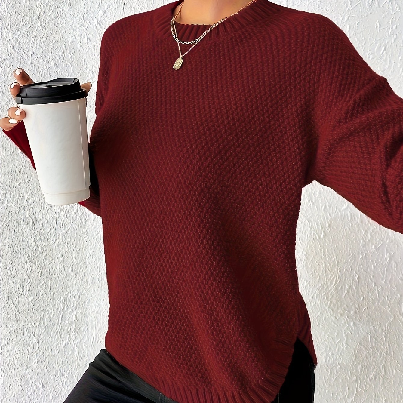 Women's Pullover Sweater, Solid Color Round Neck Loose-Fit, Simple Versatile Long Sleeve, Sweater Top