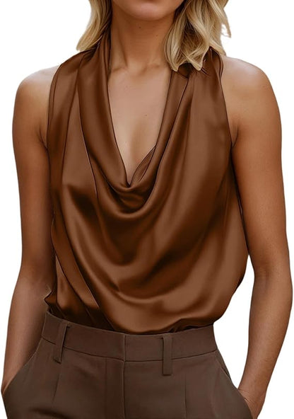 Elegant Satin Blouse for Women with Cowl Neck Sleeveless Draped Relaxed Silky Style
