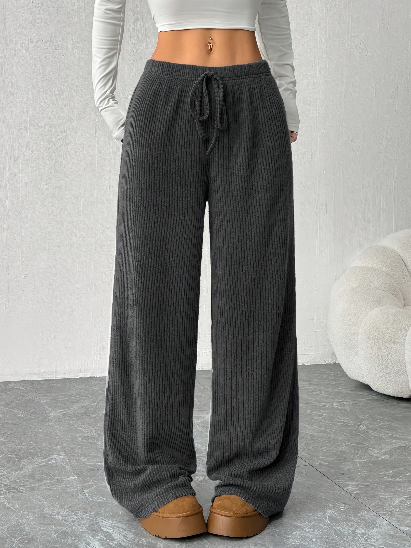 Effortless Ribbed Knit Wide Leg Pants for Women with High Waist Drawstring Relaxed Flowing Casual Style