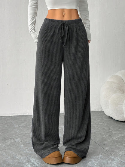 Effortless Ribbed Knit Wide Leg Pants for Women with High Waist Drawstring Relaxed Flowing Casual Style