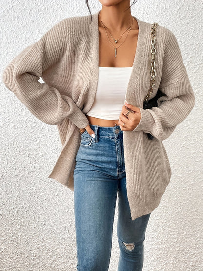 Comfortable Light Yellow Ribbed Knit Cardigan for Women with Open Front Balloon Sleeve Oversized Relaxed Style