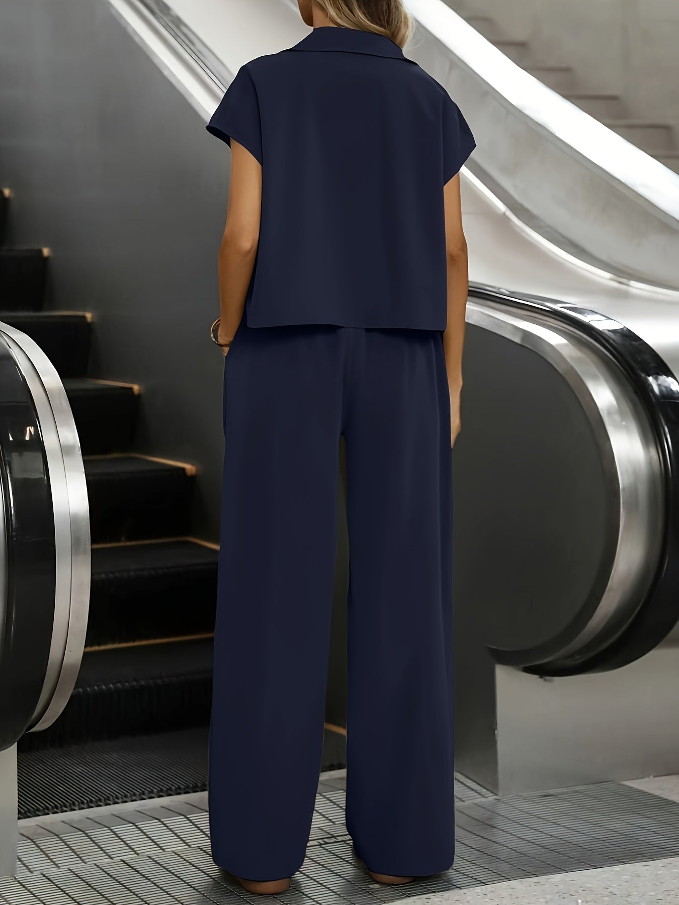 Effortless Wide Leg Two Piece Set for Women with Collar Short Sleeve Belted Relaxed Casual Style
