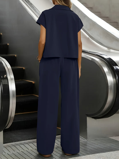 Effortless Wide Leg Two Piece Set for Women with Collar Short Sleeve Belted Relaxed Casual Style