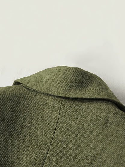 Elegant Fern Green Tweed Blazer for Women with Notch Lapel Long Sleeve Striped Cuff Longline Style