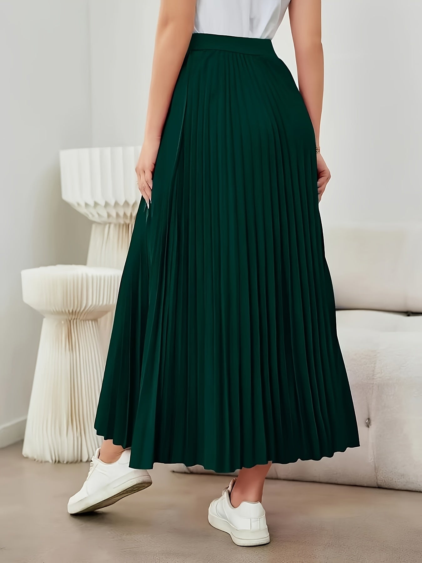 Elegant Dark Green Pleated Maxi Skirt for Women with High Waist Accordion Pleat Flowing A Line Style