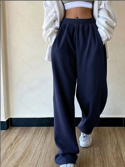 Effortless Fleece Wide Leg Sweatpants for Women with High Waist Elastic Waistband Relaxed Casual Style