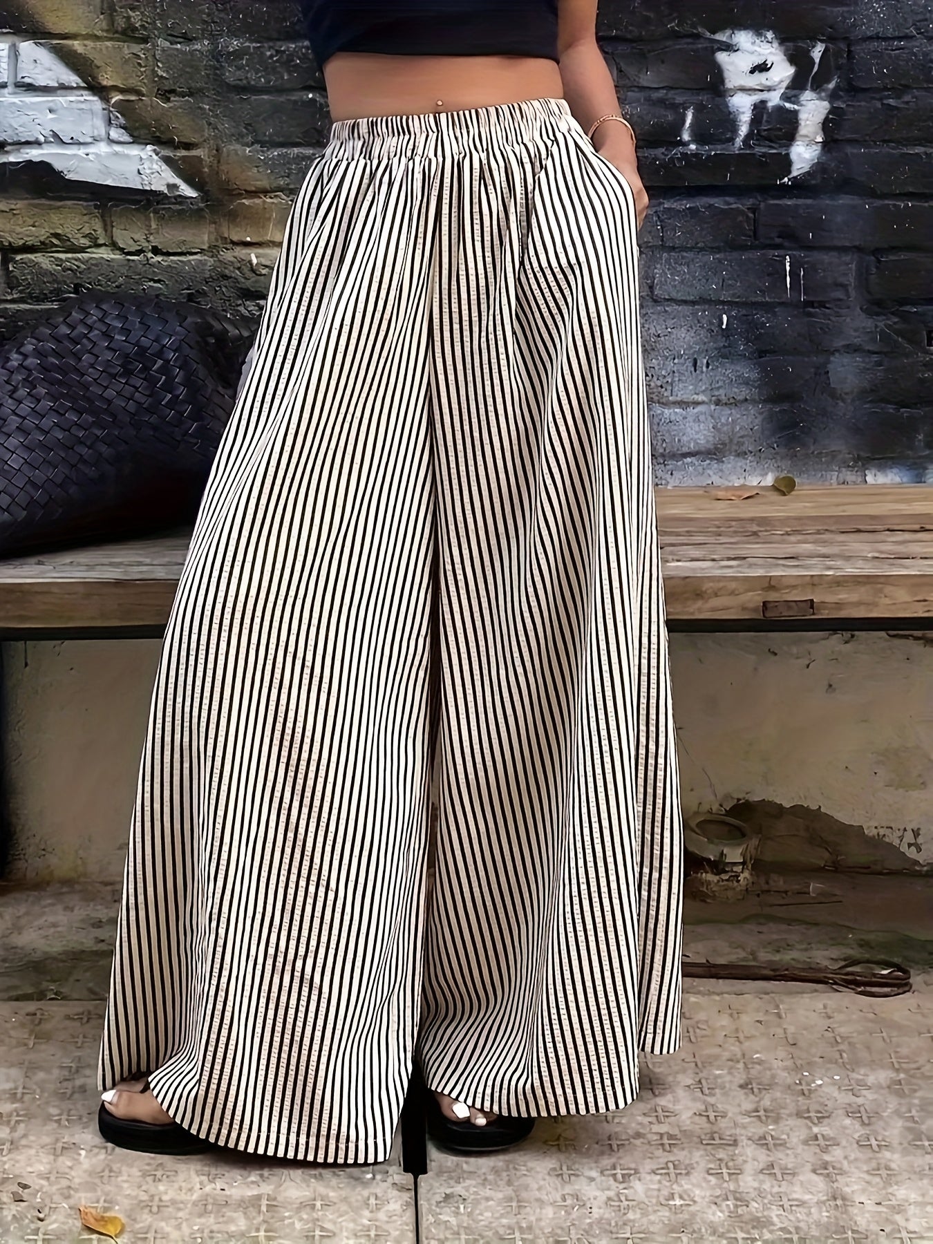 Effortless Black and Cream Striped Wide Leg Pants for Women with High Waist Elastic Flowing Palazzo Style