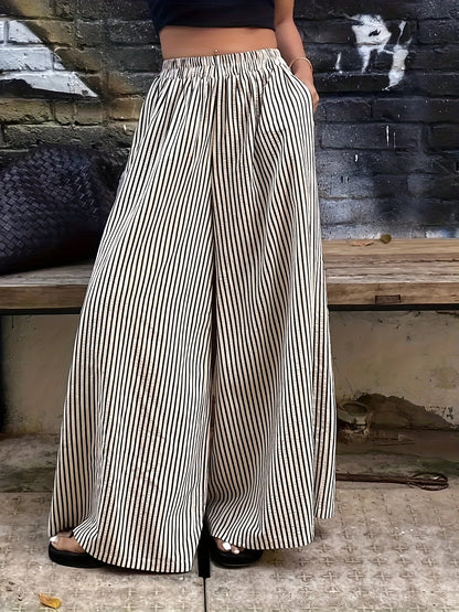Effortless Black and Cream Striped Wide Leg Pants for Women with High Waist Elastic Flowing Palazzo Style
