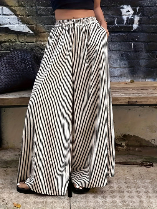 Effortless Black and Cream Striped Wide Leg Pants for Women with High Waist Elastic Flowing Palazzo Style