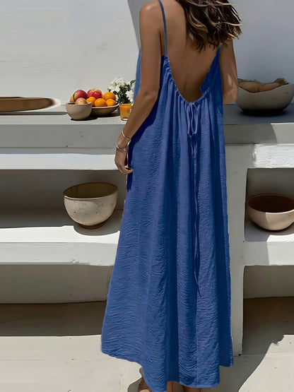 Effortless Textured Maxi Dress for Women with Spaghetti Strap Low Back Tie Flowing Bohemian Style