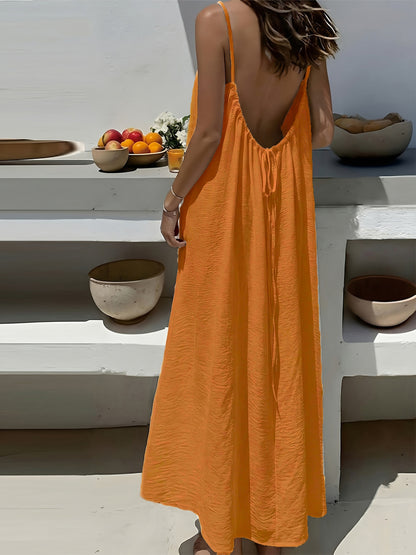Effortless Textured Maxi Dress for Women with Spaghetti Strap Low Back Tie Flowing Bohemian Style