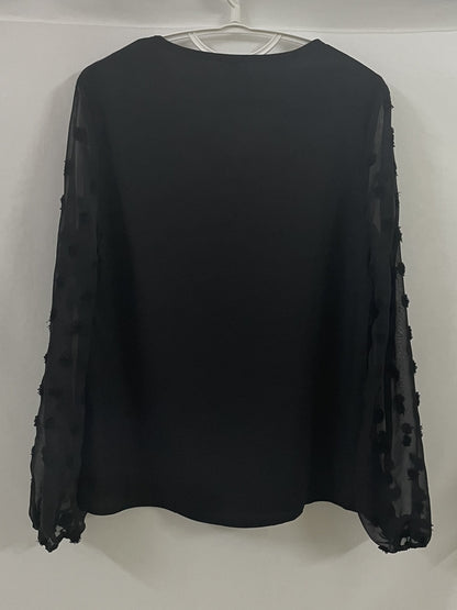 Elegant Swiss Dot Blouse for Women with V Neck Balloon Sleeve Sheer Cuff Relaxed Style