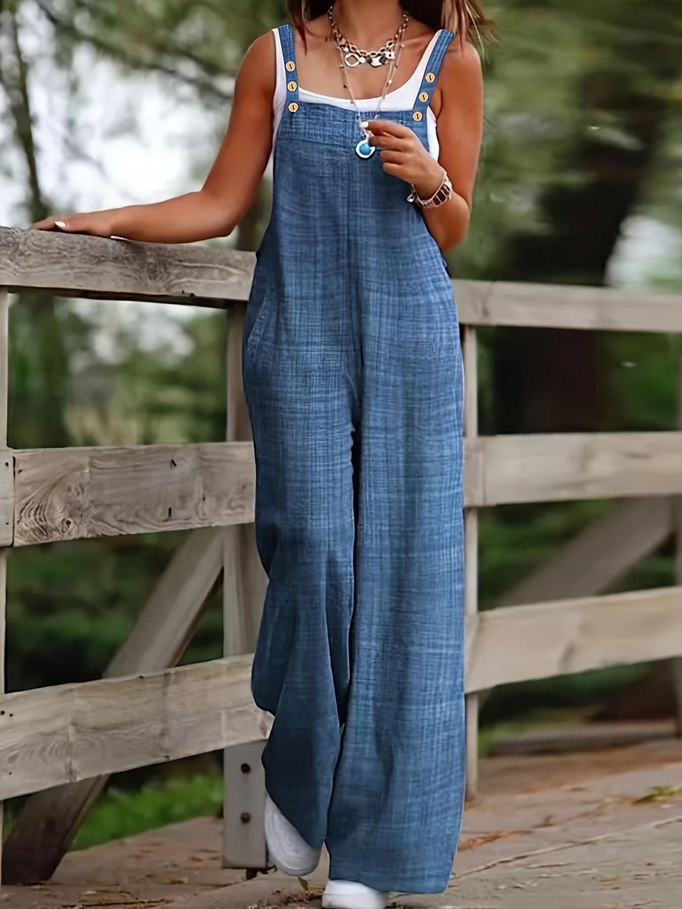 Effortless Linen Wide Leg Jumpsuit for Women with Square Neck Sleeveless Button Front Relaxed Casual Style