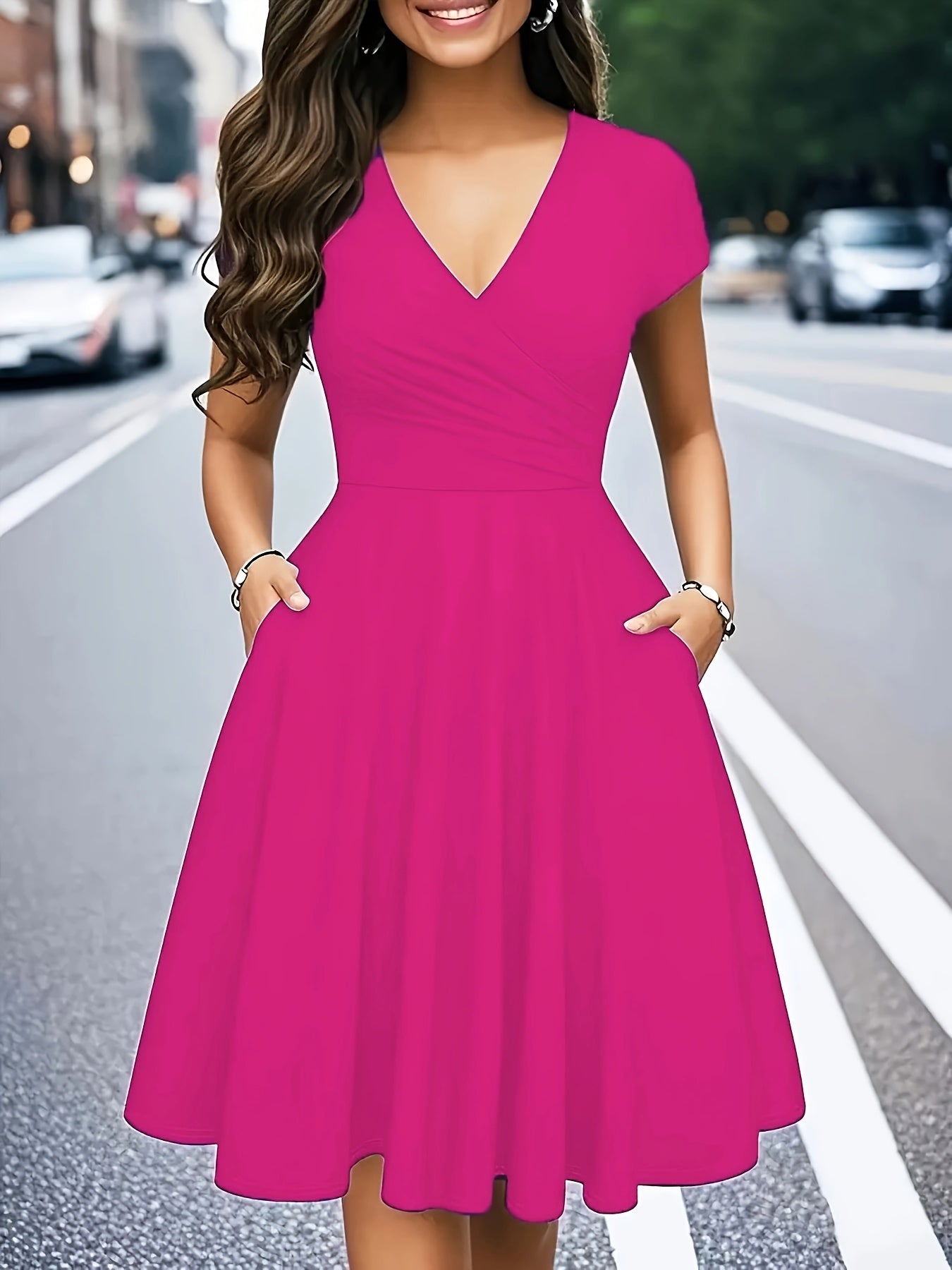 Elegant Wrap Midi Dress for Women with V Neck Cap Sleeve Fit and Flare Cocktail Style