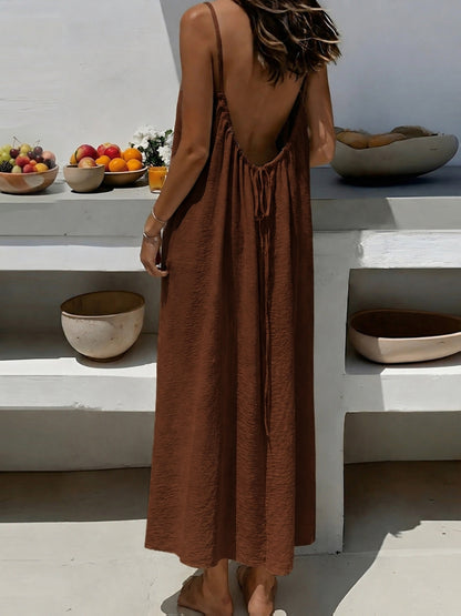 Effortless Textured Maxi Dress for Women with Spaghetti Strap Low Back Tie Flowing Bohemian Style