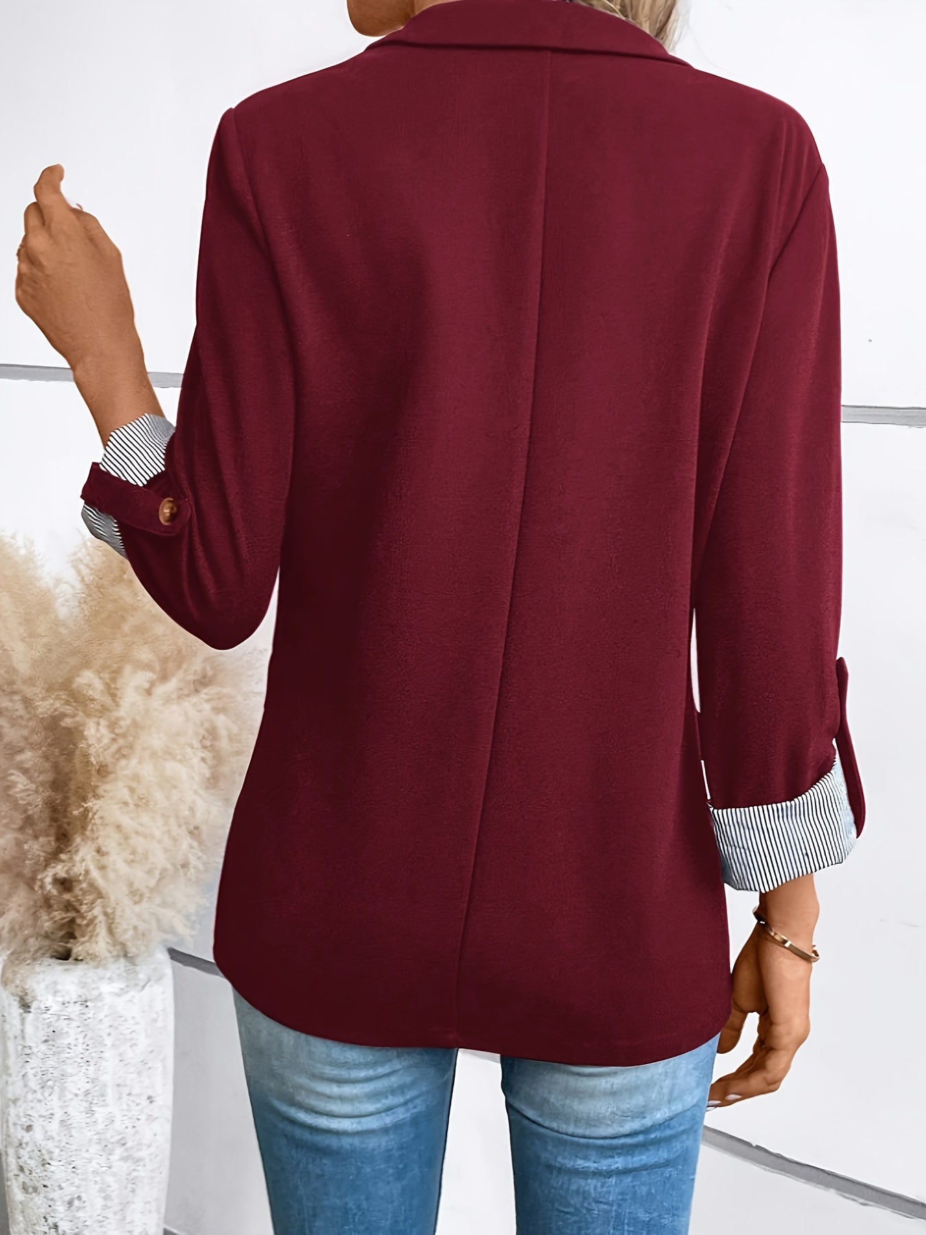 Elegant Striped Cuff Blazer for Women with Notch Lapel Roll Tab Sleeve Relaxed Style