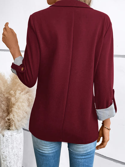 Elegant Striped Cuff Blazer for Women with Notch Lapel Roll Tab Sleeve Relaxed Style