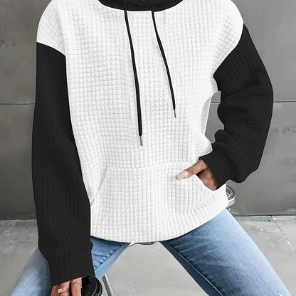 Women's Casual Waffle- Color-Block Hooded Sweatshirt - Relaxed Fit Long Sleeve Pullover with Drawstring Hood, Machine Washable Autumn Winter Fashion Top, Cute Sweatshirts, Autumn Apparel, Soft Fabric, Everyday Outfit, Waffle Design, Breathable Material, C