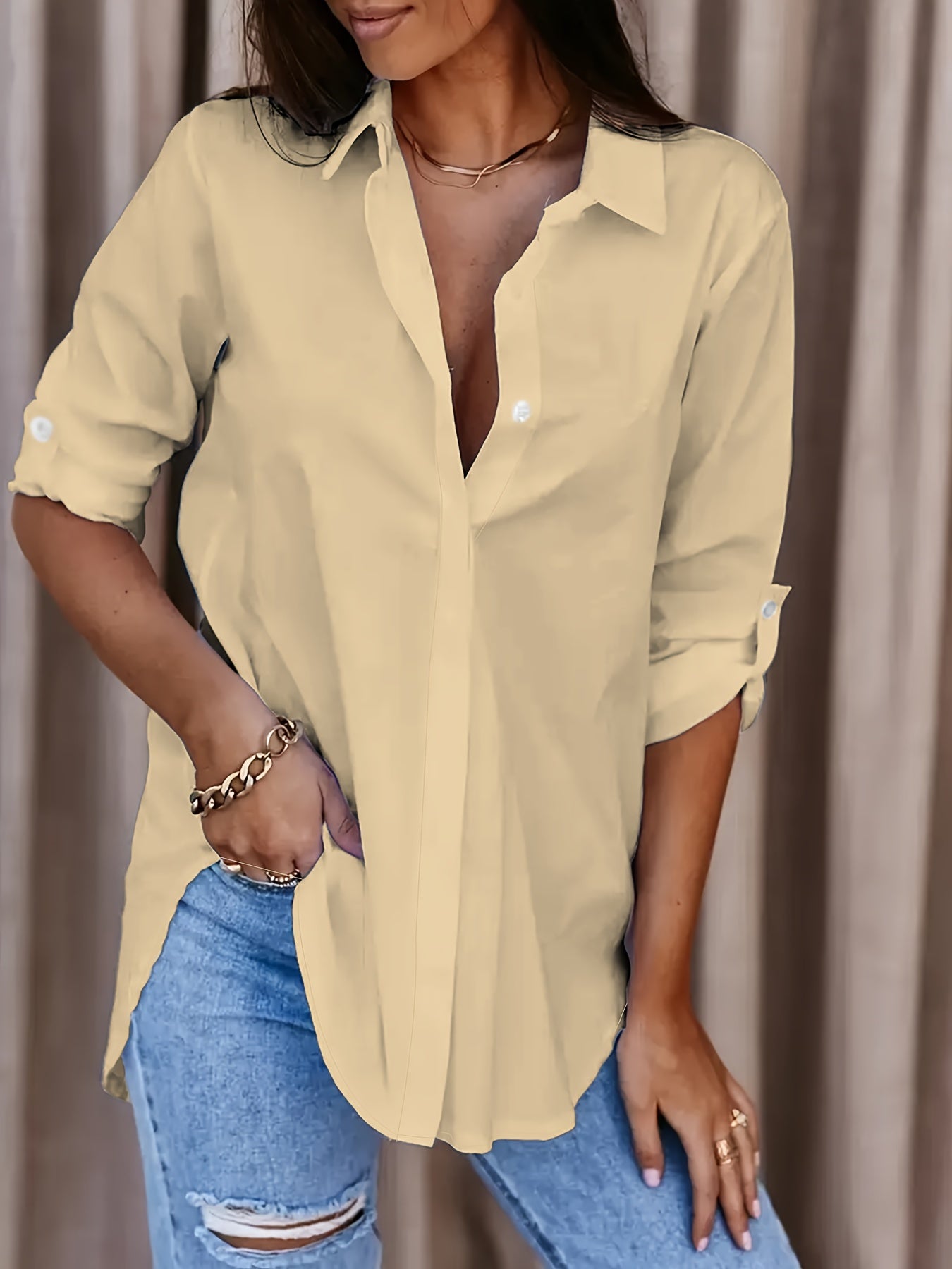 Effortless Relaxed Blouse for Women with Collar Long Sleeve Button Front Oversized Style