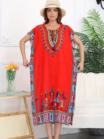 Effortless Tribal Print Kaftan Dress for Women with V Neck Short Sleeve Embroidered Flowing Bohemian Style