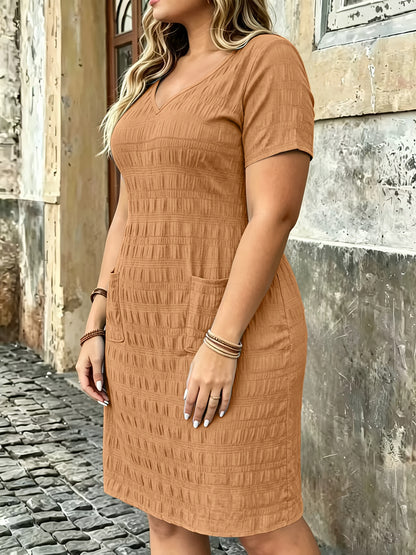 Effortless Textured Shift Dress for Women with V Neck Short Sleeve Side Pocket Relaxed Casual Style