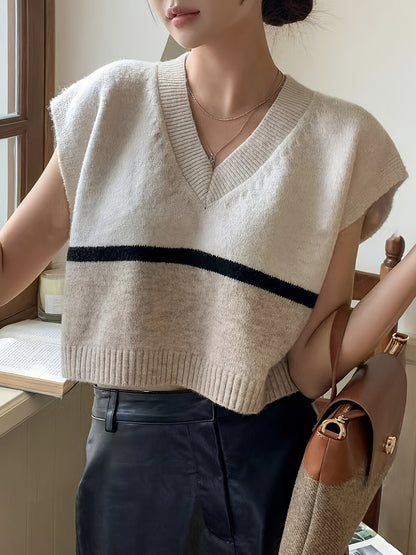 Elegant Apricot Striped Sweater Vest for Women with V Neck Sleeveless Cropped Oversized Knit Style