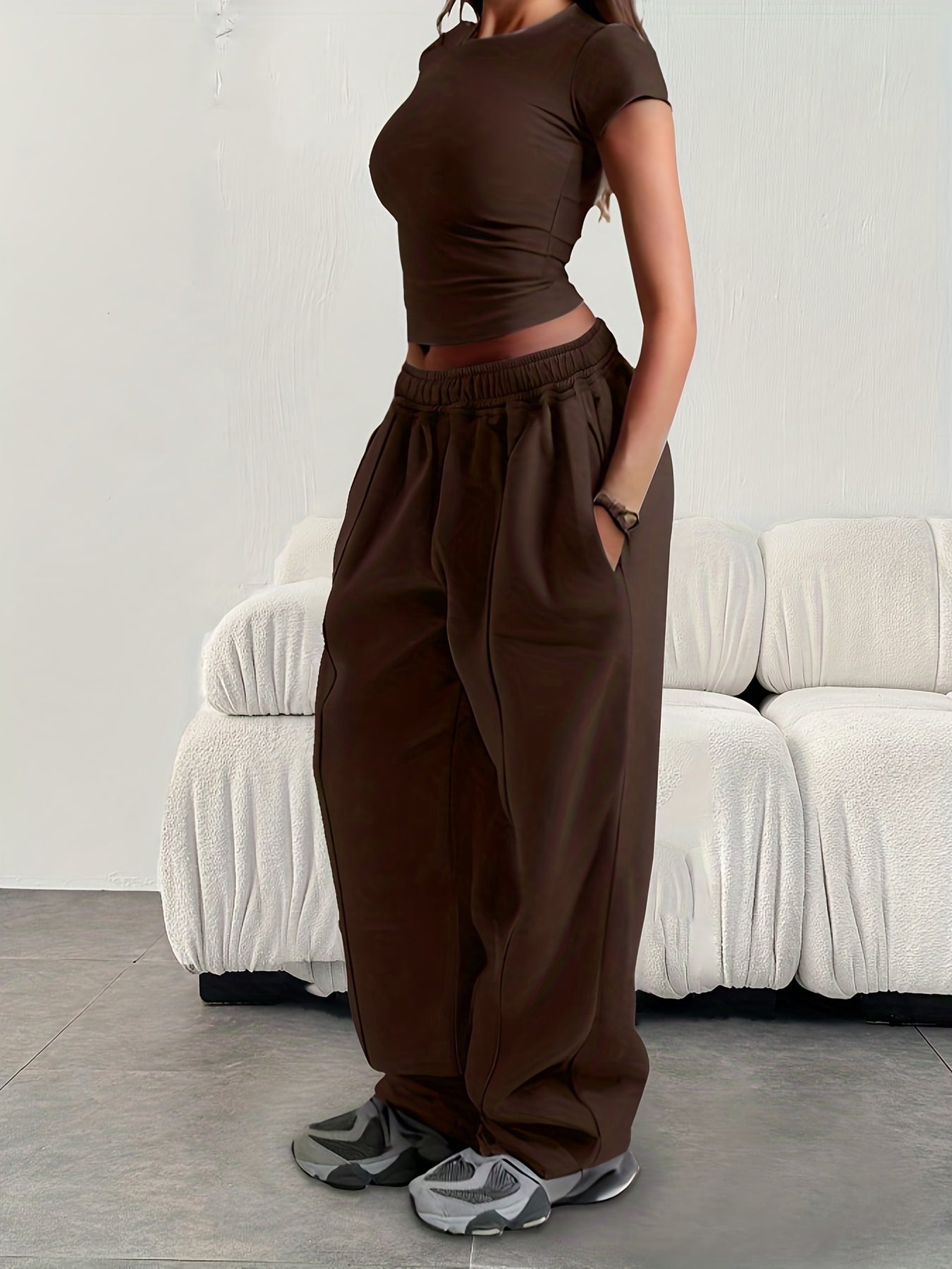 Women'S Casual Loose Easy Solid Color Elastic Waist Athletic Pants
