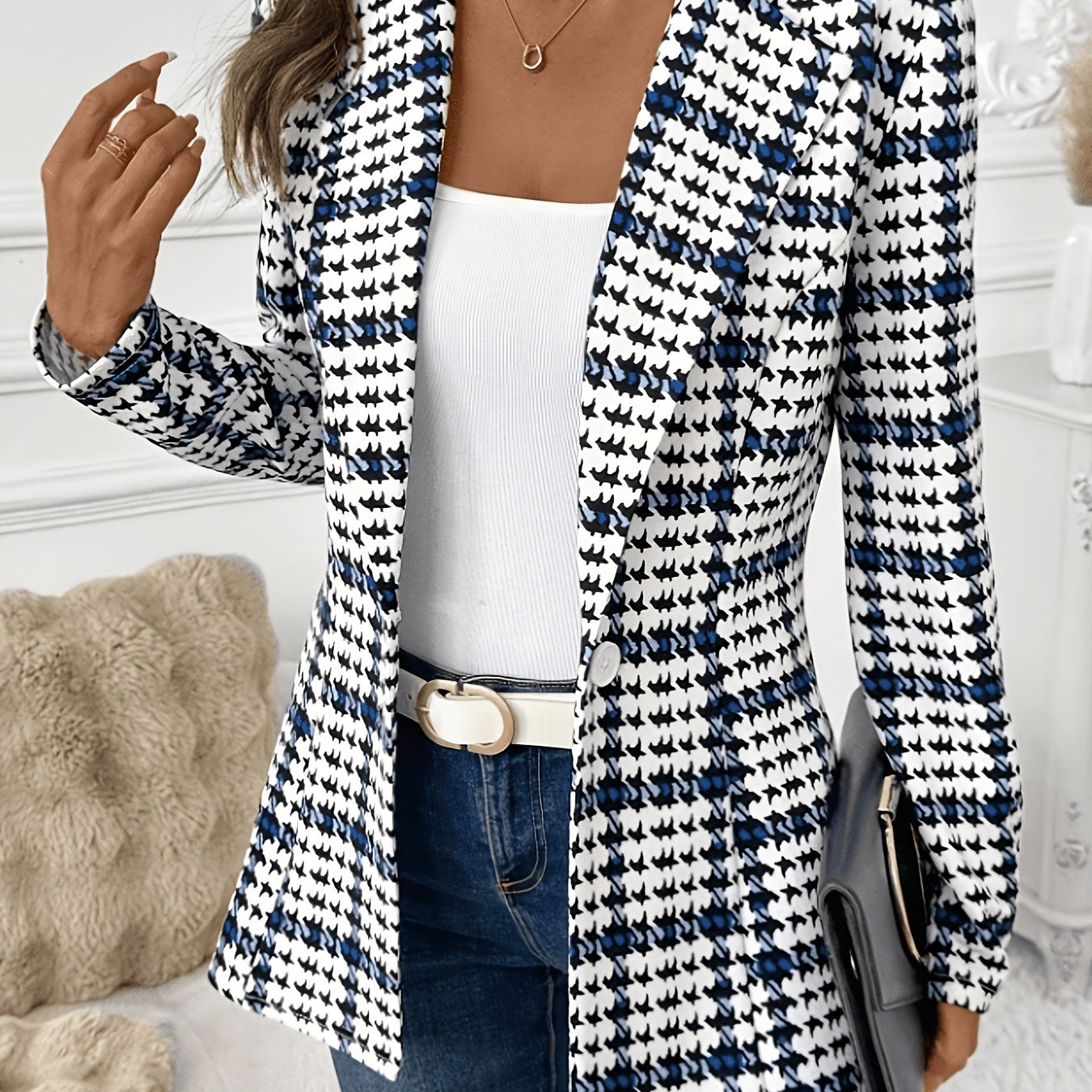 Elegant Black and Blue Houndstooth Blazer for Women with Notched Lapel Long Sleeve Open Front Tailored Style