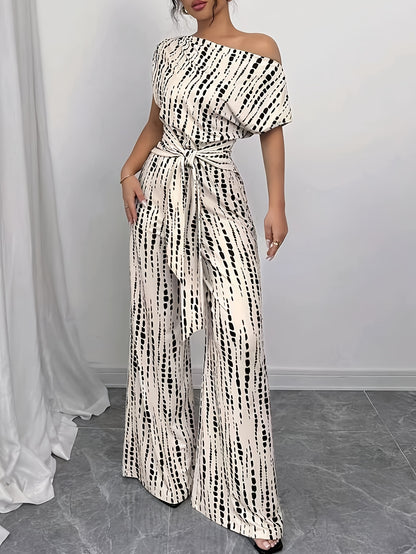 Elegant Apricot Abstract Print Jumpsuit for Women with One Shoulder Short Sleeve Wide Leg Tie Waist Style