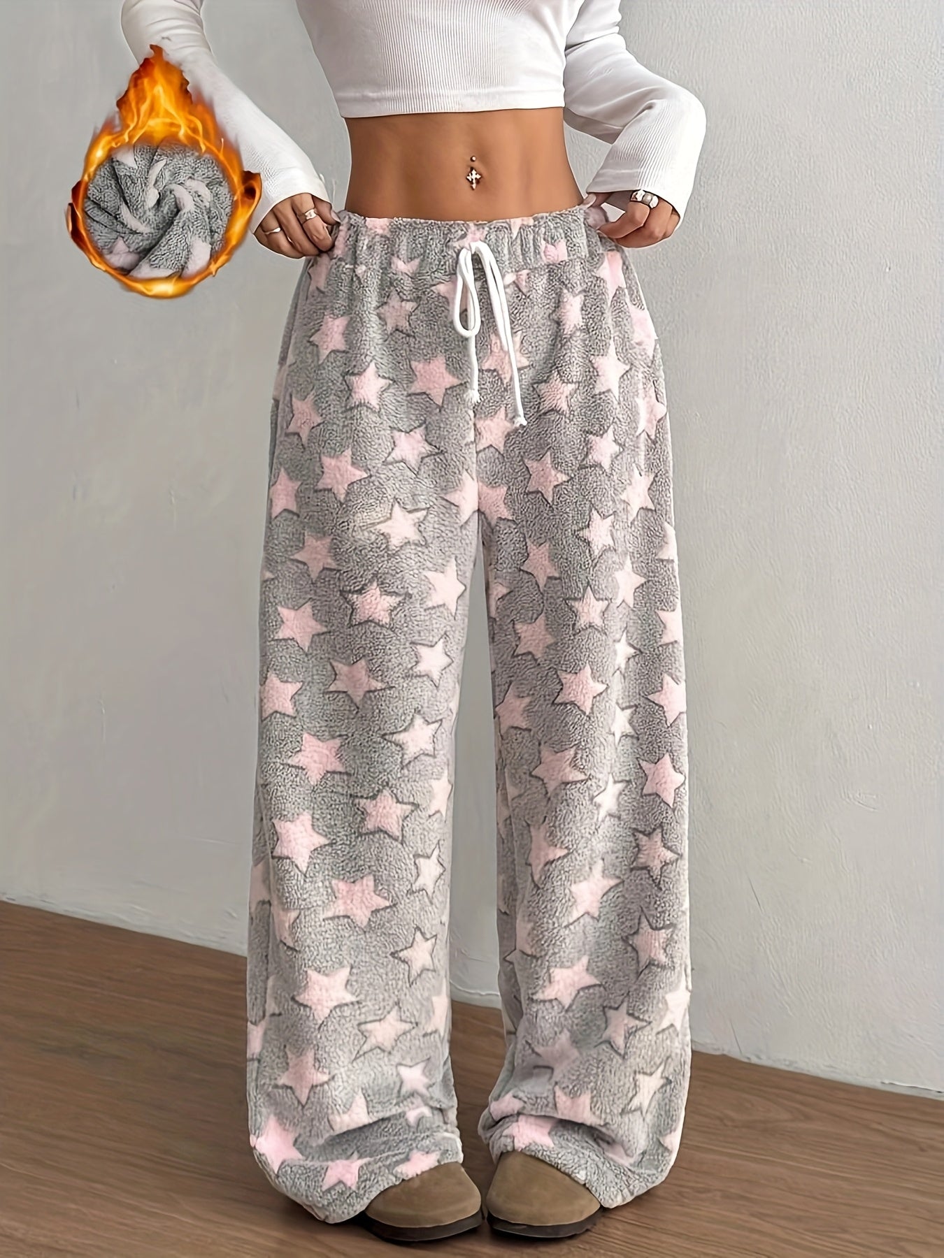 Comfortable Grey Star Print Fleece Pajama Pants for Women with High Waist Drawstring Wide Leg Cozy Style
