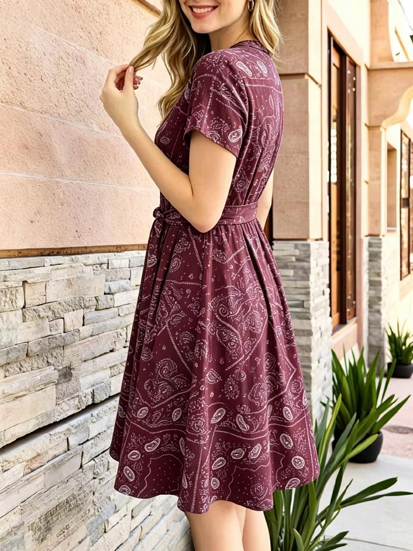 Elegant Paisley Print Shirt Dress for Women with V Neck Short Sleeve Belted Fit and Flare Style