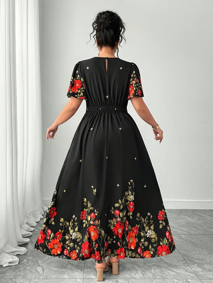 Elegant Black Floral Maxi Dress for Women with Round Neck Batwing Sleeve Cinched Waist Flowing Style