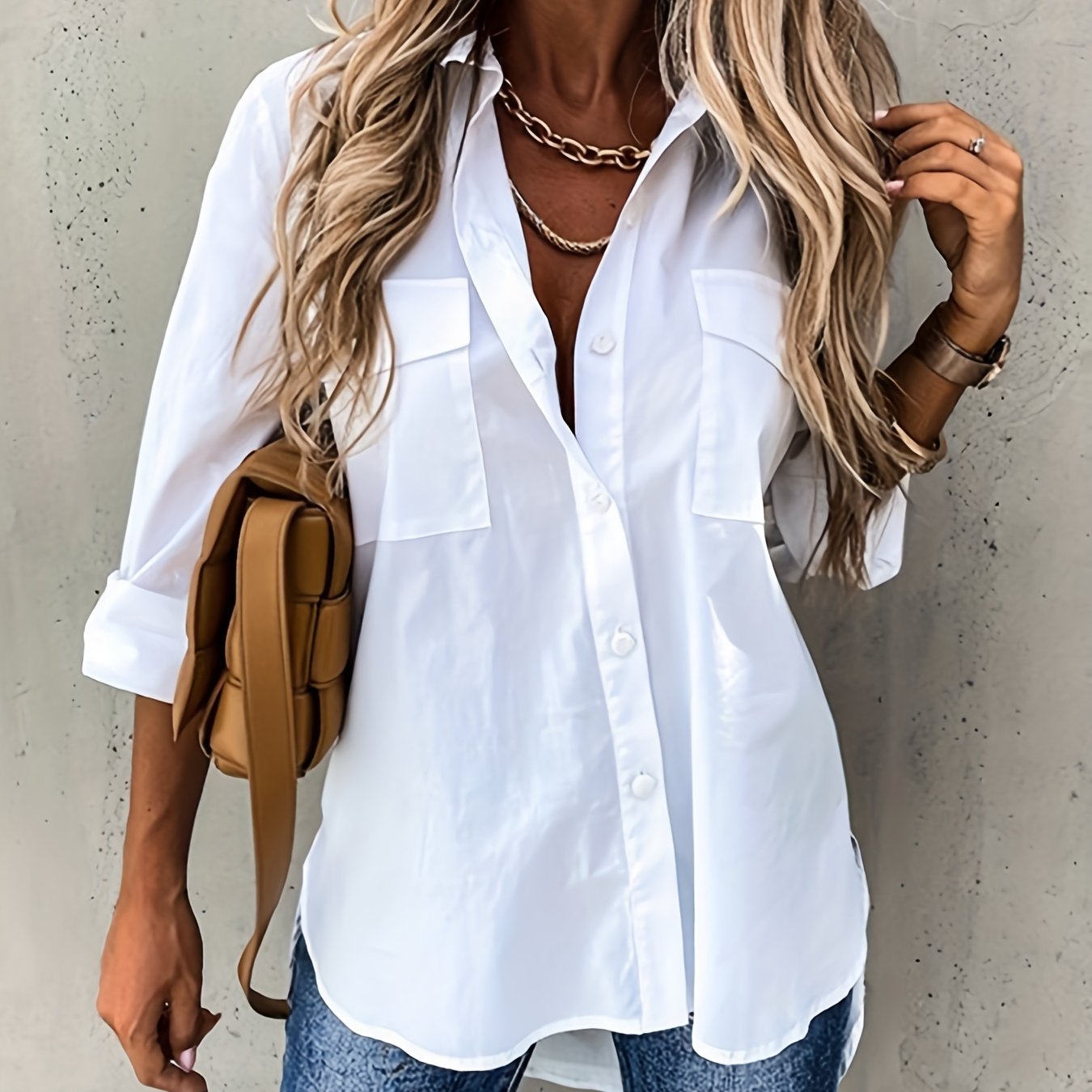 Effortless Utility Blouse for Women with Collar Long Sleeve Button Front Casual Style
