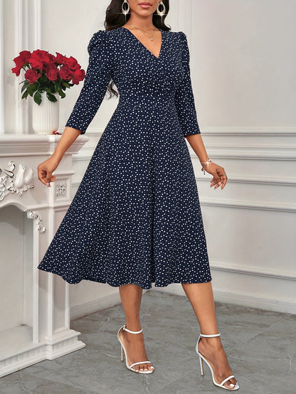 Elegant Polka Dot Midi Dress for Women with V Neck Puff Sleeve Fit and Flare Cocktail Style