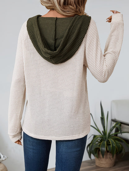 Comfortable Waffle Knit Henley Top for Women with Hooded Drawstring Long Sleeve Oversized Knit Style