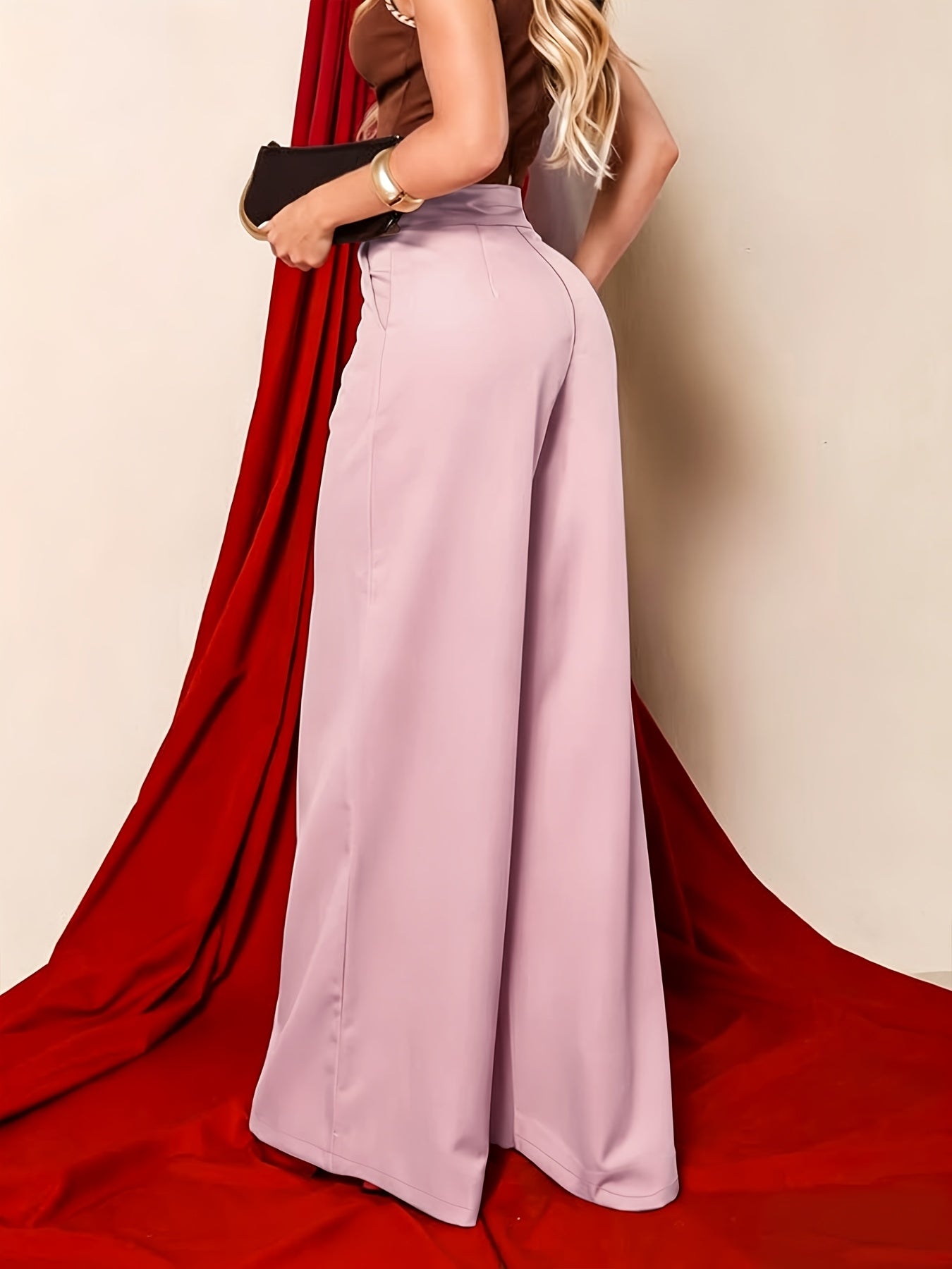 Elegant Khaki Wide Leg Trouser for Women with High Waist Button Detail Tailored Flowing Style